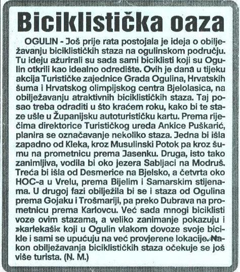 27 - Začeci cikloturizma u Ogulinu - članak 08.07.1998.